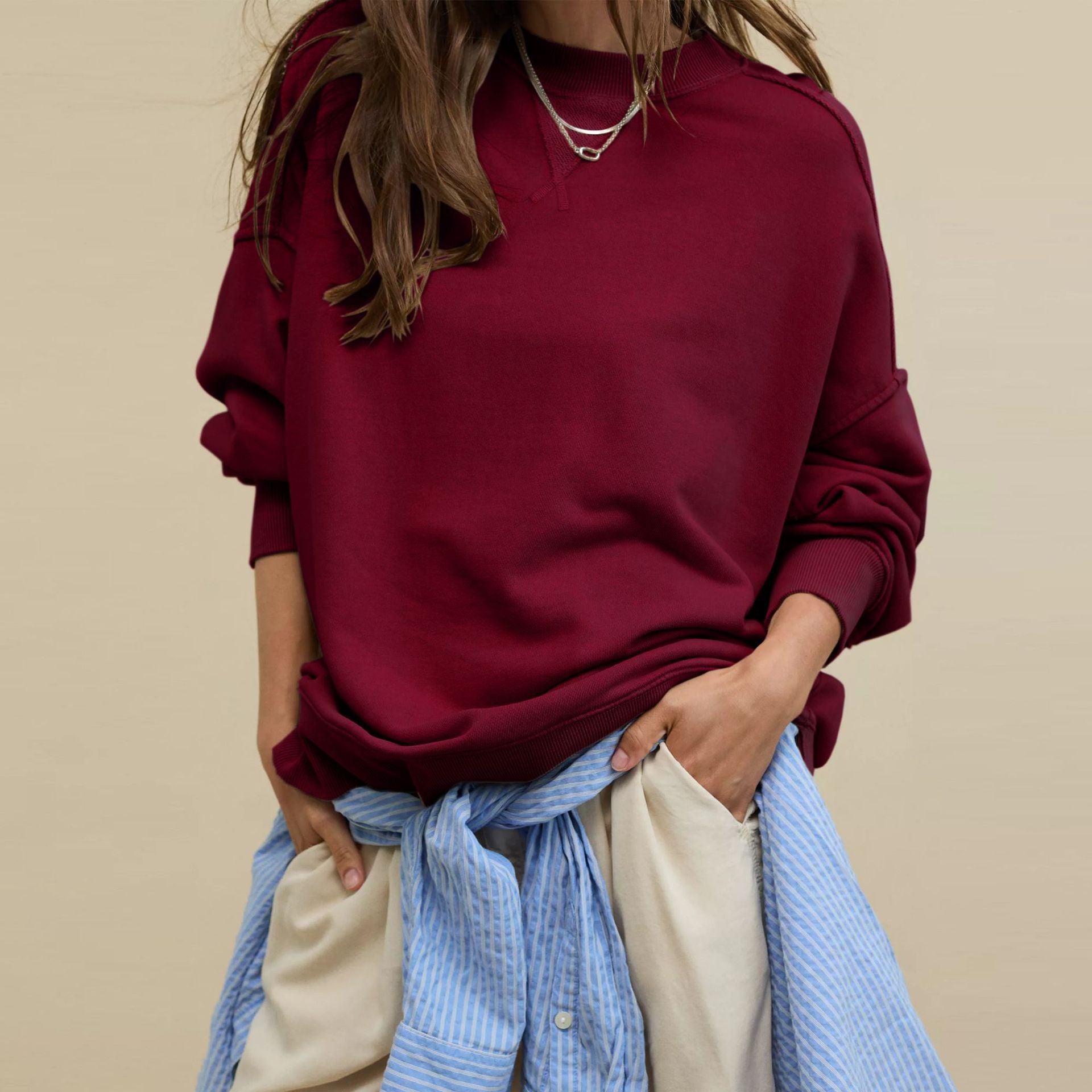 Trend style pullover long sleeve European and American style split sweater round neck solid color loose sweater