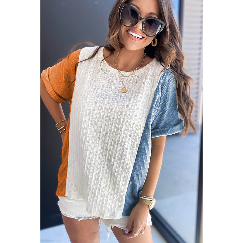 Contrasting Color Texture Splicing Short Sleeve T-Shirt Women's Loose Versatile Three-Sleeve Top