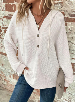 Waffle Knitted Drawstring Button V-Neck Long Sleeve Pullover Casual Sports Sweater