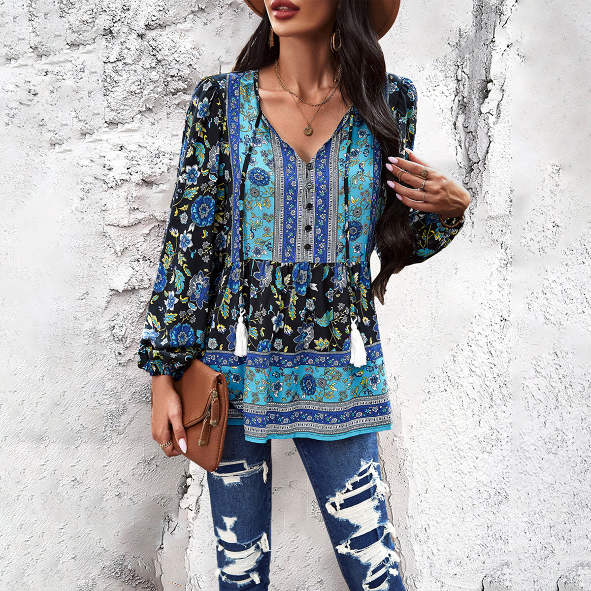 Temperament Casual printed V-neck long-sleeved top