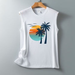 Summer Hawaiian Sea View Pattern Loose Casual Crew Neck Sleeveless Vest