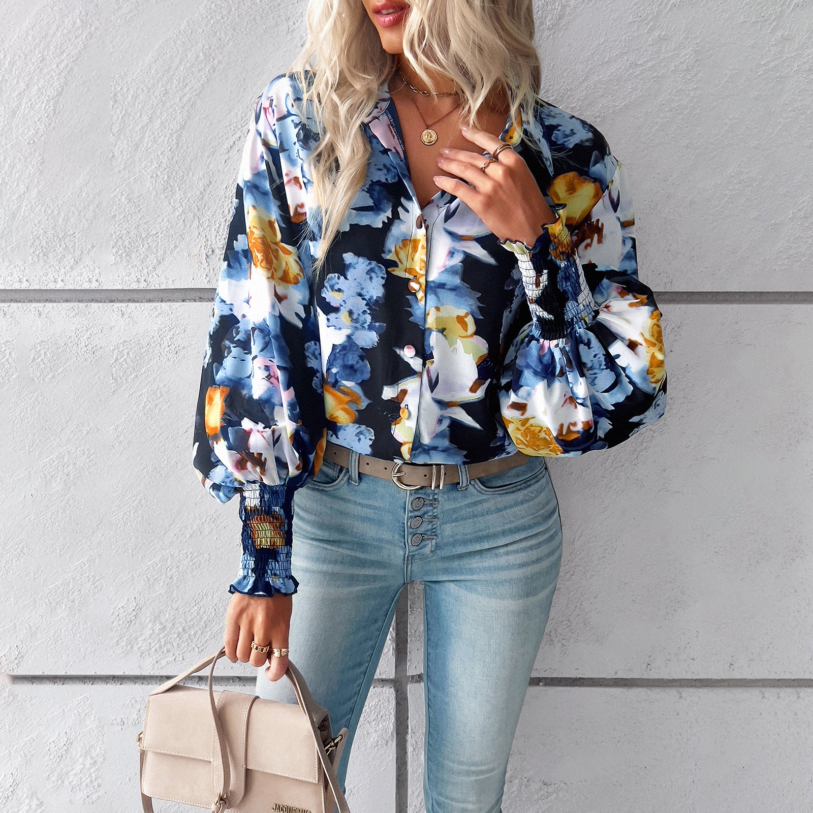 Spring and summer foreign trade temperament casual printed lantern sleeve shirt