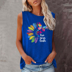 Sunflower Butterfly Pattern Loose Casual Crew Neck Sleeveless Vest