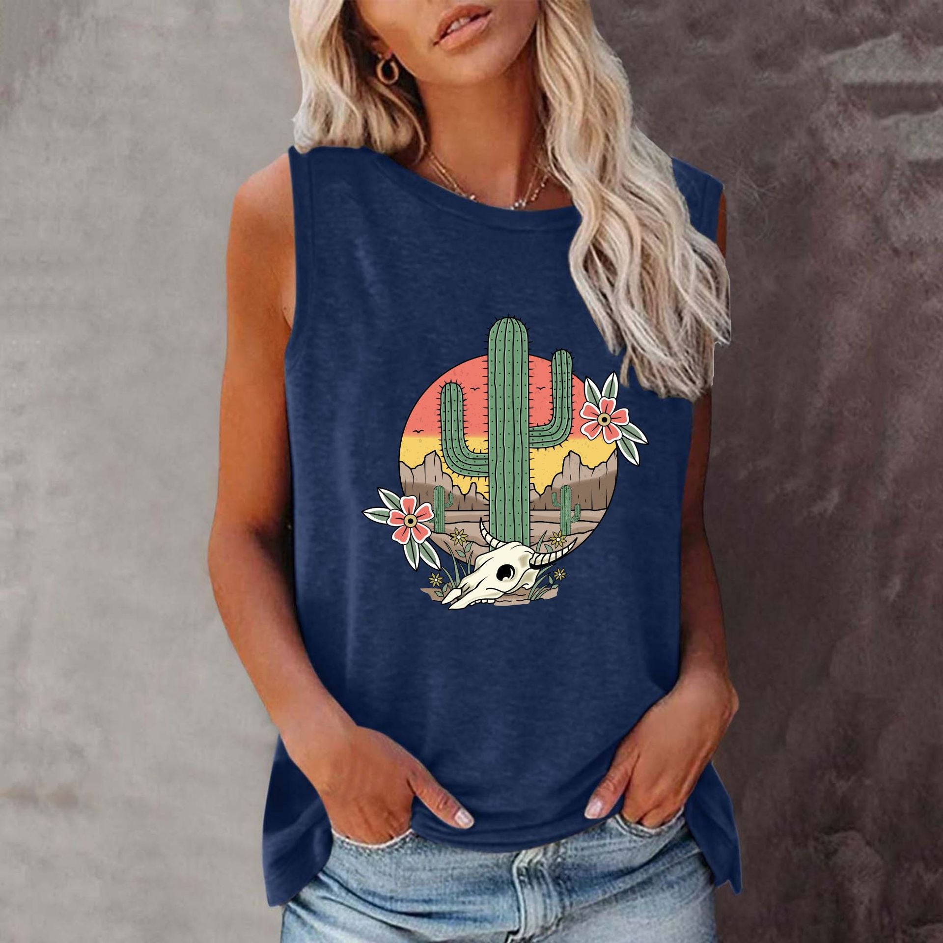 New shirt summer cactus round neck sleeveless vest