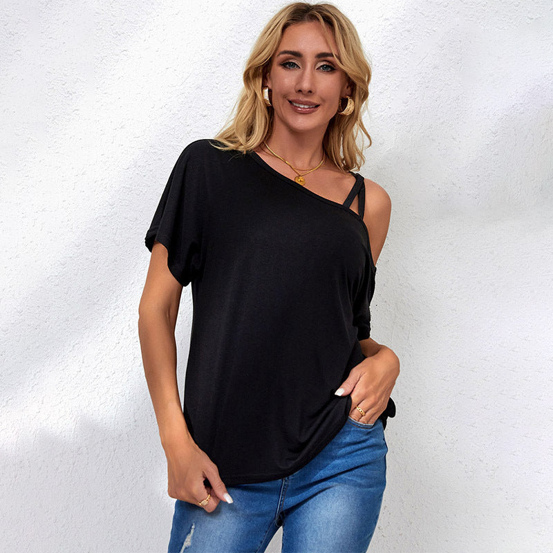 Summer new pullover T-shirt women's European and American personality asymmetrical cross shoulder short sleeve women