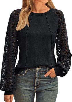 New Women's Loose Fashion Lace Splicing Crew Neck Long Sleeve T-Shirt Women