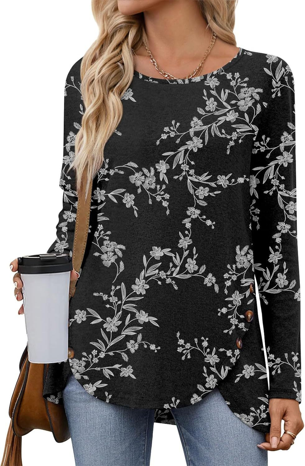 New Women's Printed Crew Neck Long Sleeve Irregularly Split Button T-Shirt