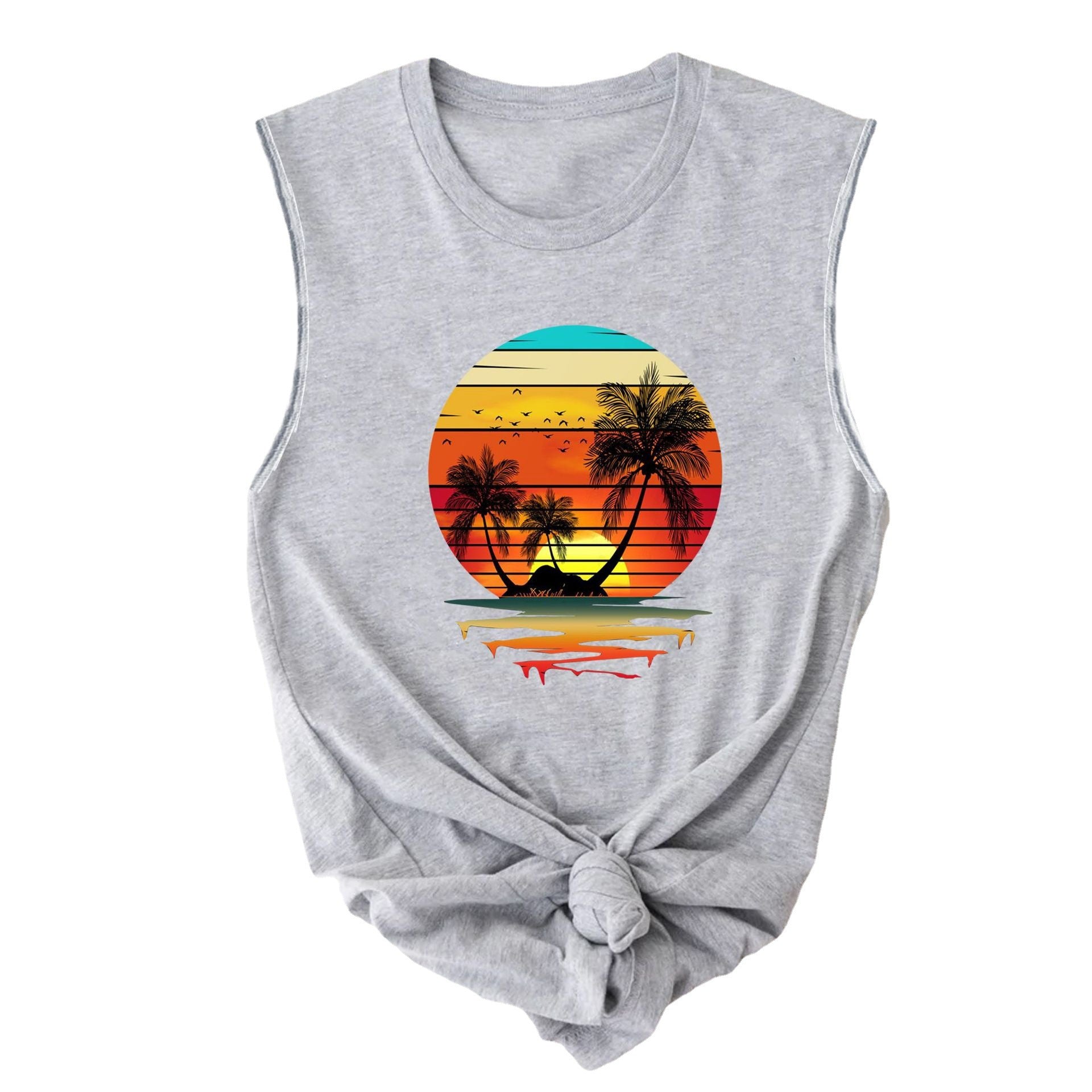 New Summer Beach Sunset Coconut Tree Crew Neck Sleeveless Vest