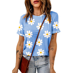 Fashion small wrinkle chrysanthemum print front shoulder short sleeve T-shirt women