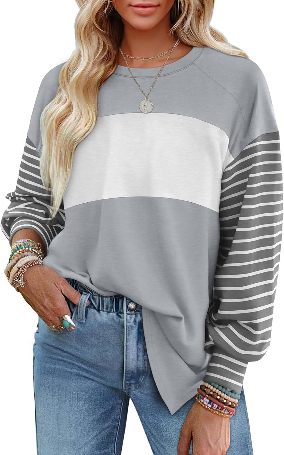 Pullover Crew Neck Casual Striped Contrast Long Sleeve T-Shirt Women