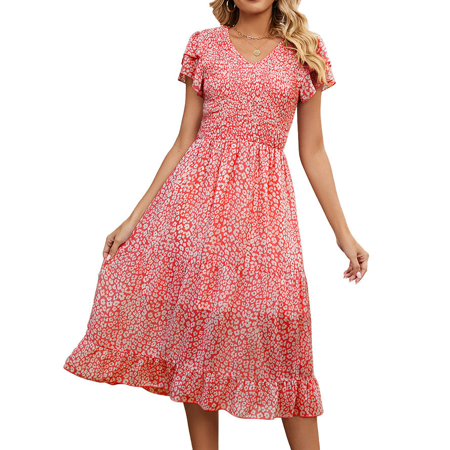 Summer V-neck pleated print chiffon splicing waist dress women