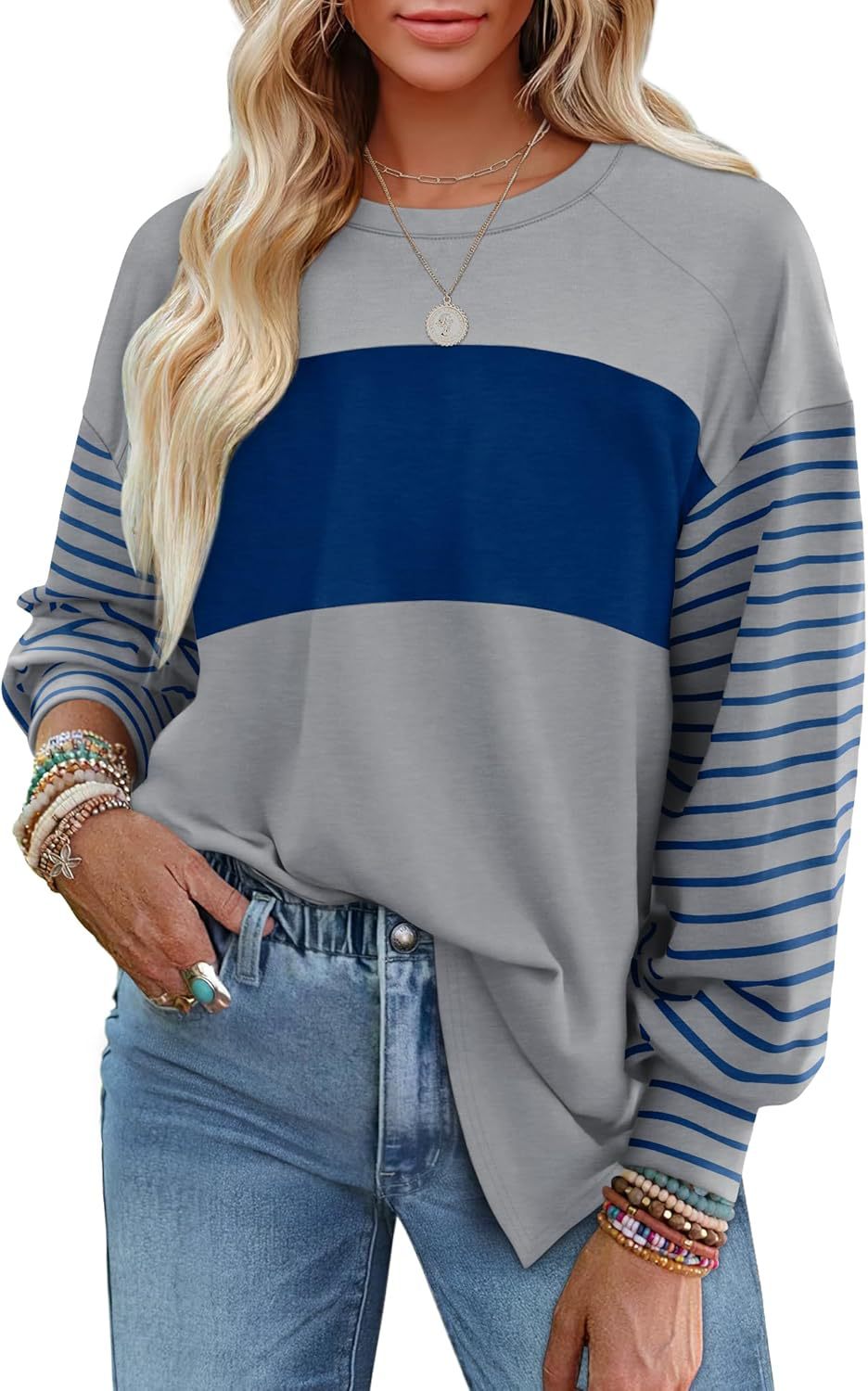 Pullover Crew Neck Casual Striped Contrast Long Sleeve T-Shirt Women