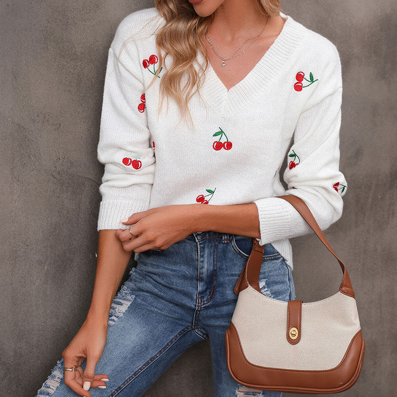 New loose casual knitted sweater cherry embroidered V-neck pullover sweater women