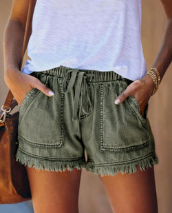 Elastic waist drawstring casual high waist thin denim shorts women