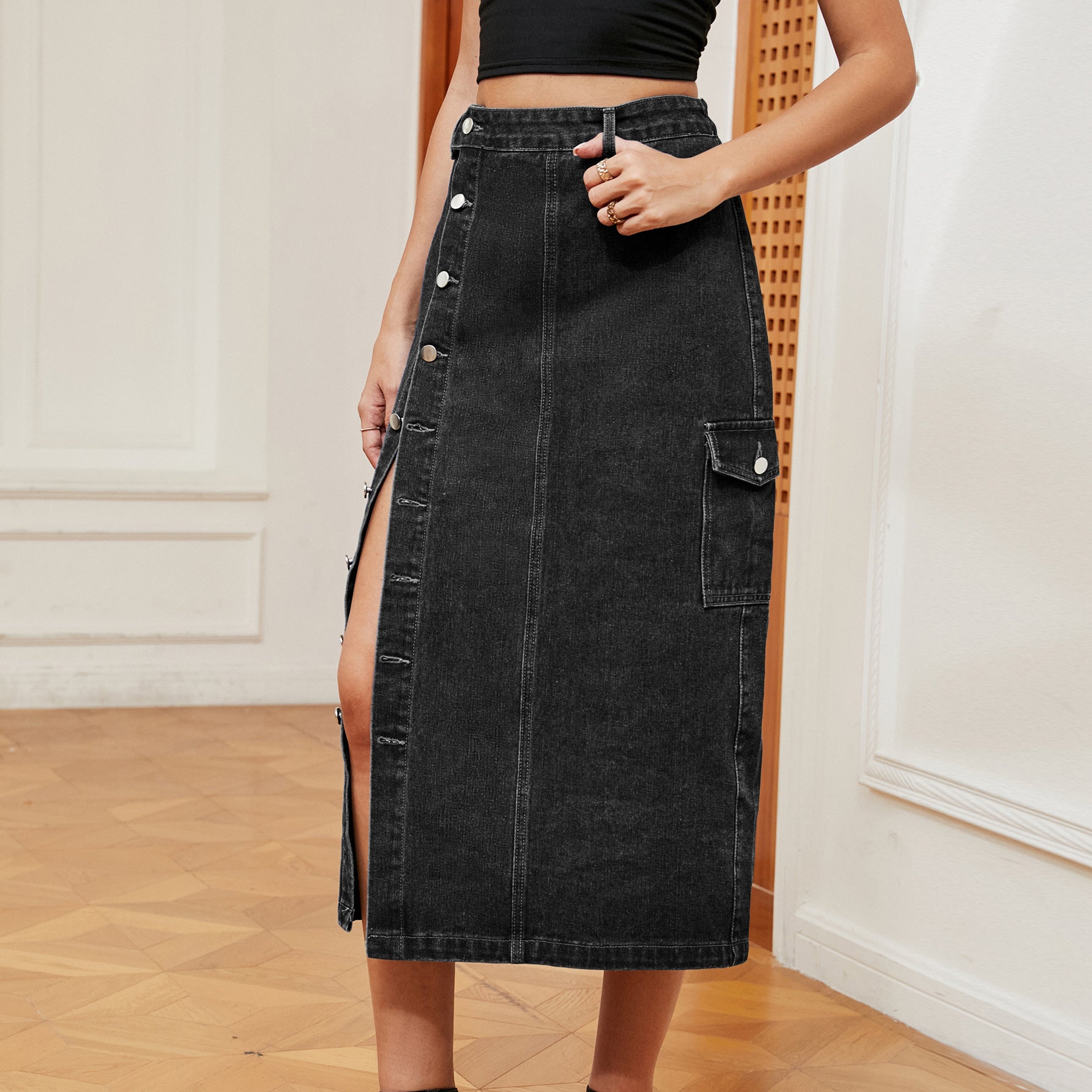 Semi-elastic denim tooling casual skirt skirt women