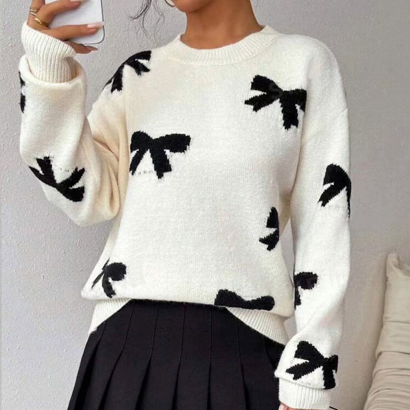 Crew neck bow jacquard pullover sweater