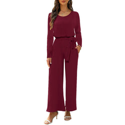 Crew neck long-sleeved waist jumpsuit with pocket and belt