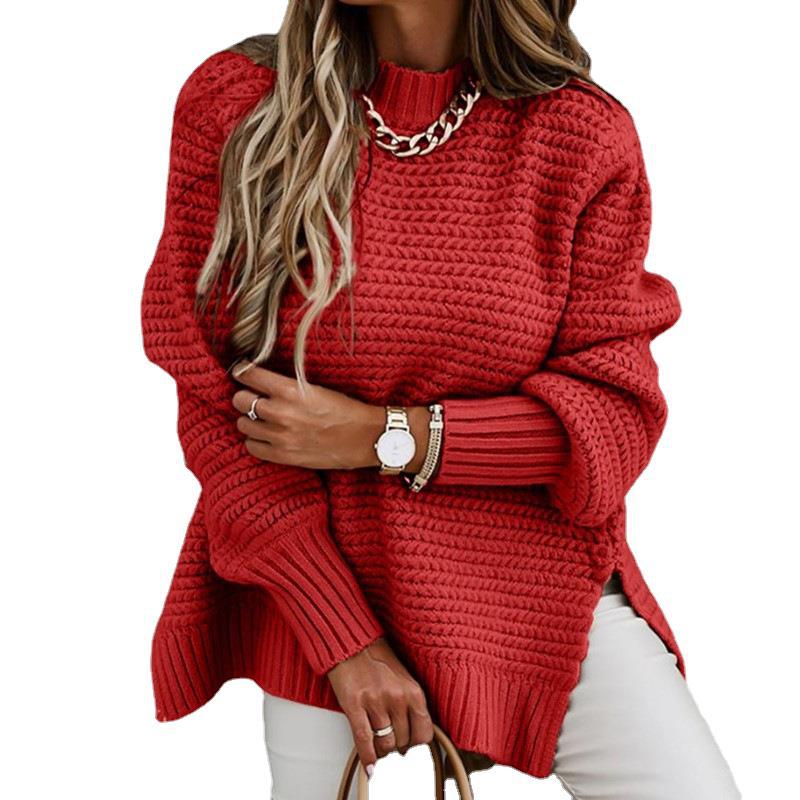 Half turtleneck loose solid color long sleeve thick needle side split knitted sweater women