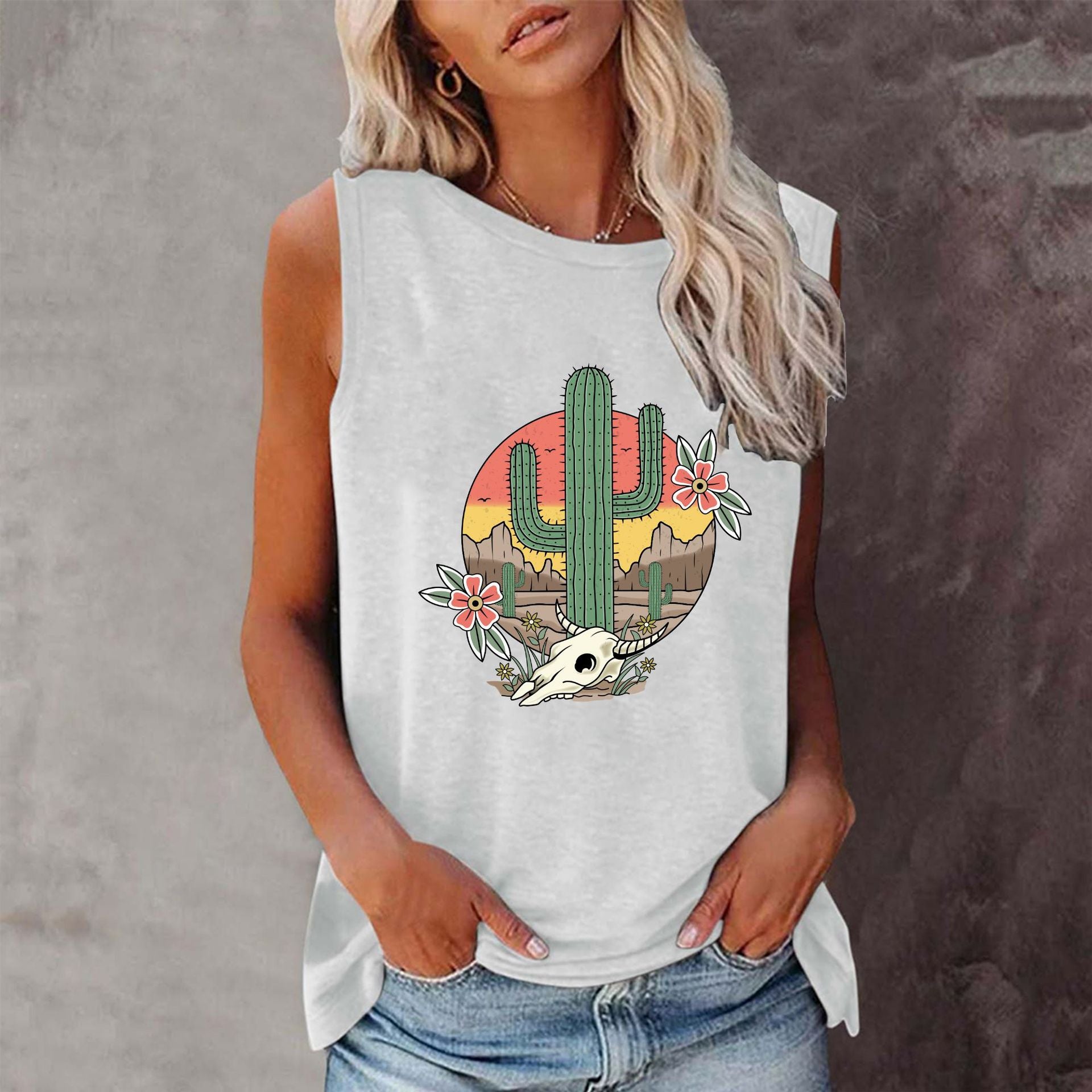 New shirt summer cactus round neck sleeveless vest