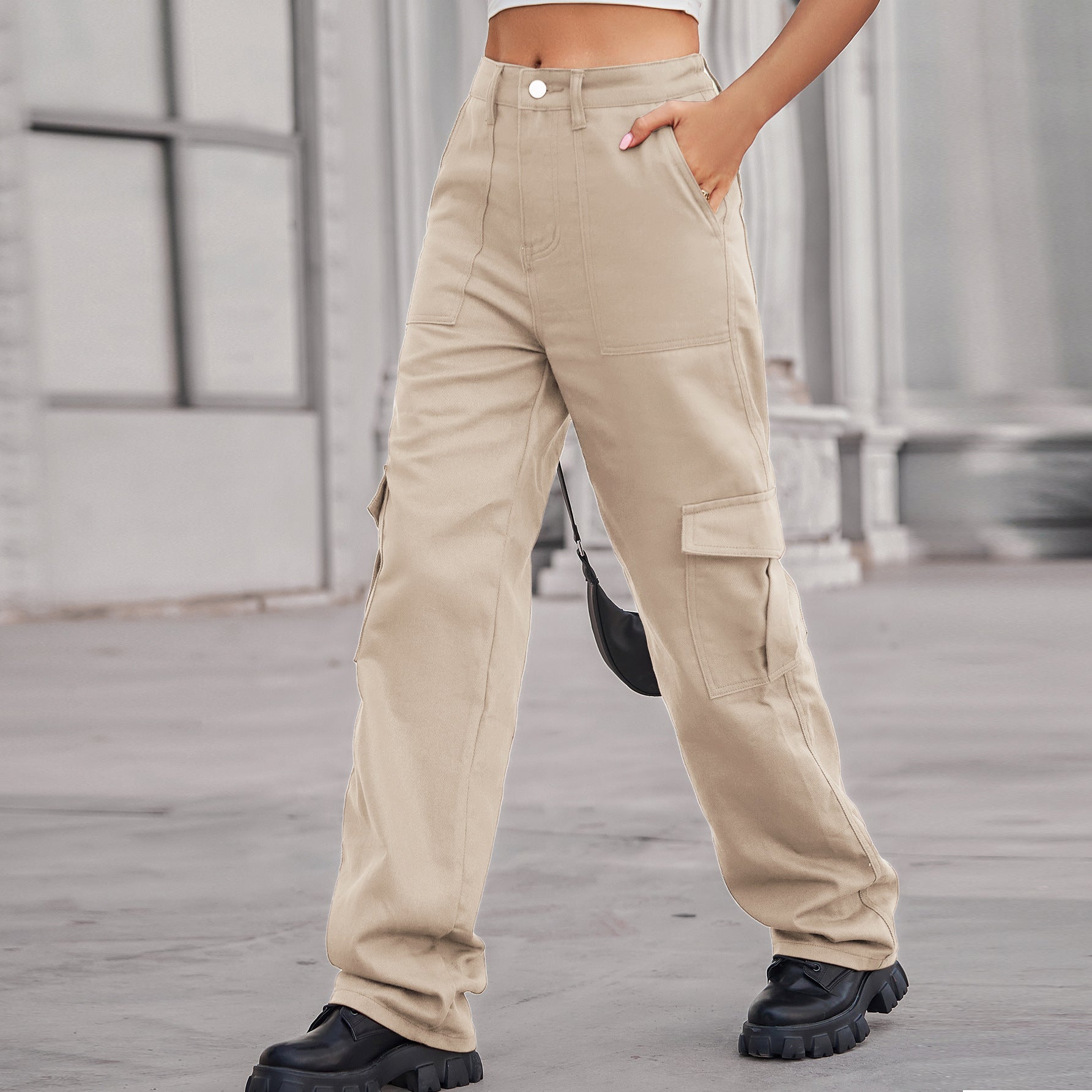 Denim semi-elastic design personalized versatile tooling trousers wish women's tide