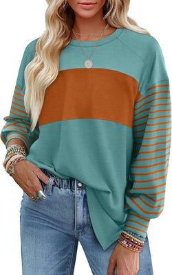 Pullover Crew Neck Casual Striped Contrast Long Sleeve T-Shirt Women