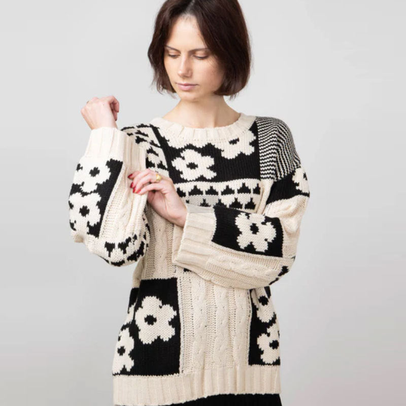 Square Flower Casual Loose Crew Neck Pullover Knitted Sweater