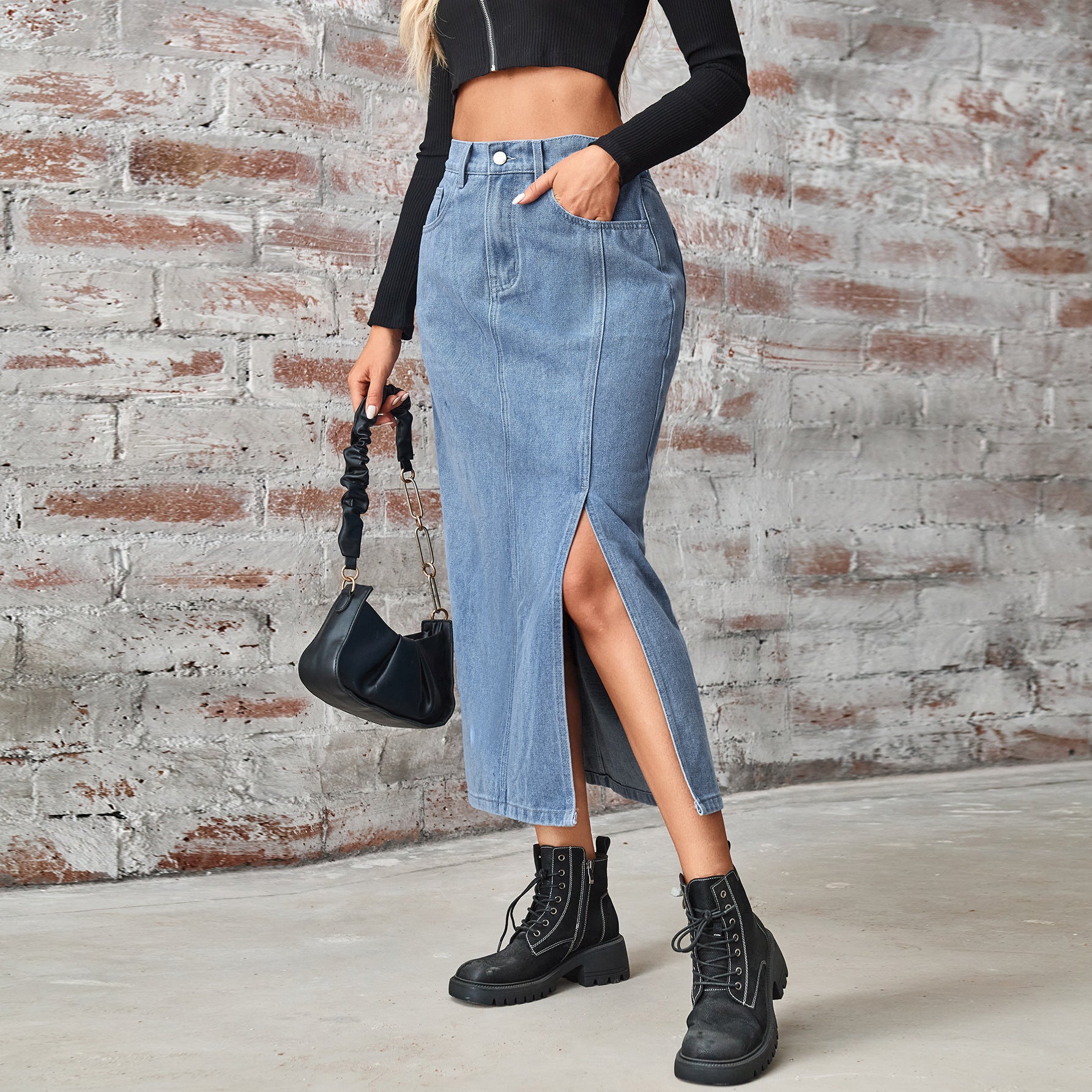 Washed denim elastic waist split mid-length skirt