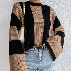 Knitted sweater top crew neck striped design sense niche sweater jacket women