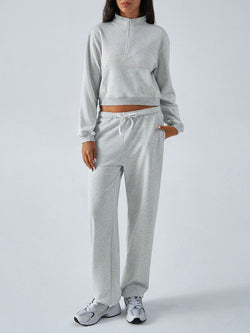 Casual sports style solid color half zipper bm long sleeve sweater straight pants set two-piece set