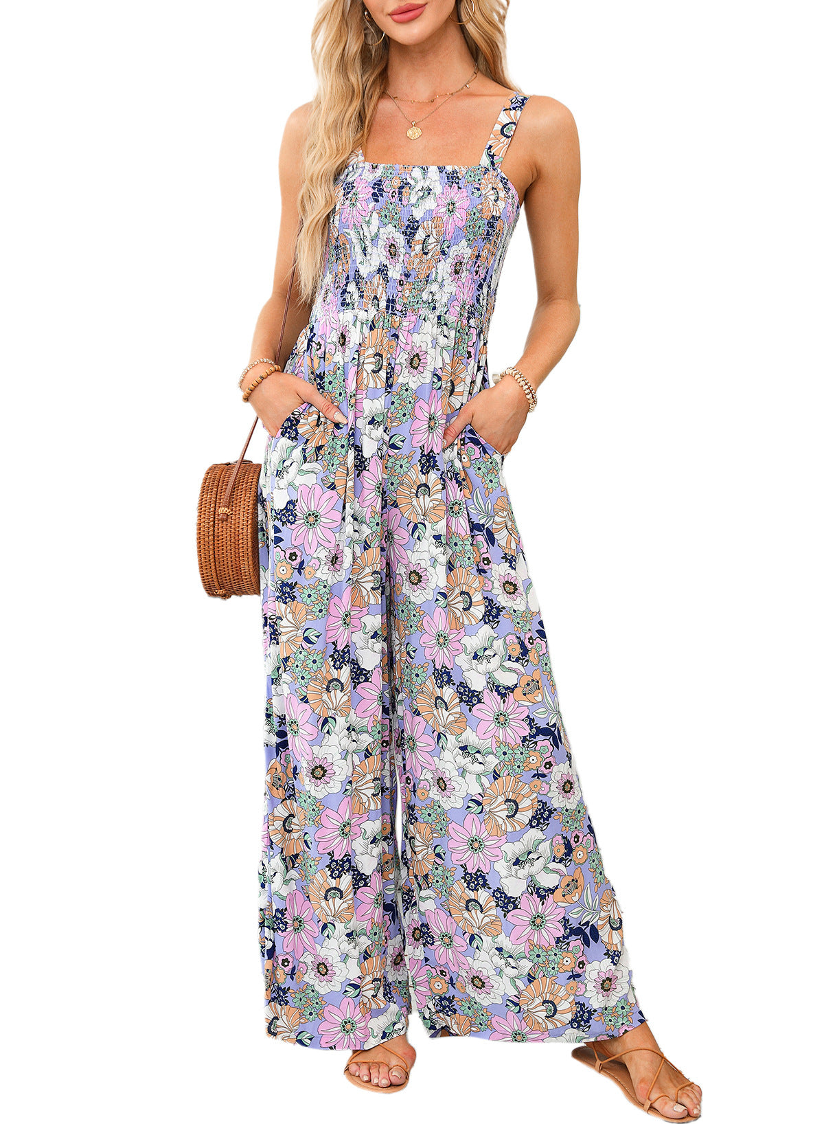 Women's suspender trousers cross-border autumn explosion floral printing sleeveless jumpsuit women