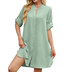 Spring and summer new solid color loose shirt skirt medium sleeve button dress women