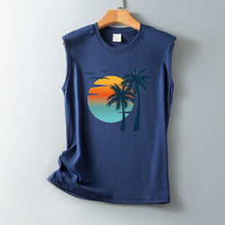 Summer Hawaiian Sea View Pattern Loose Casual Crew Neck Sleeveless Vest