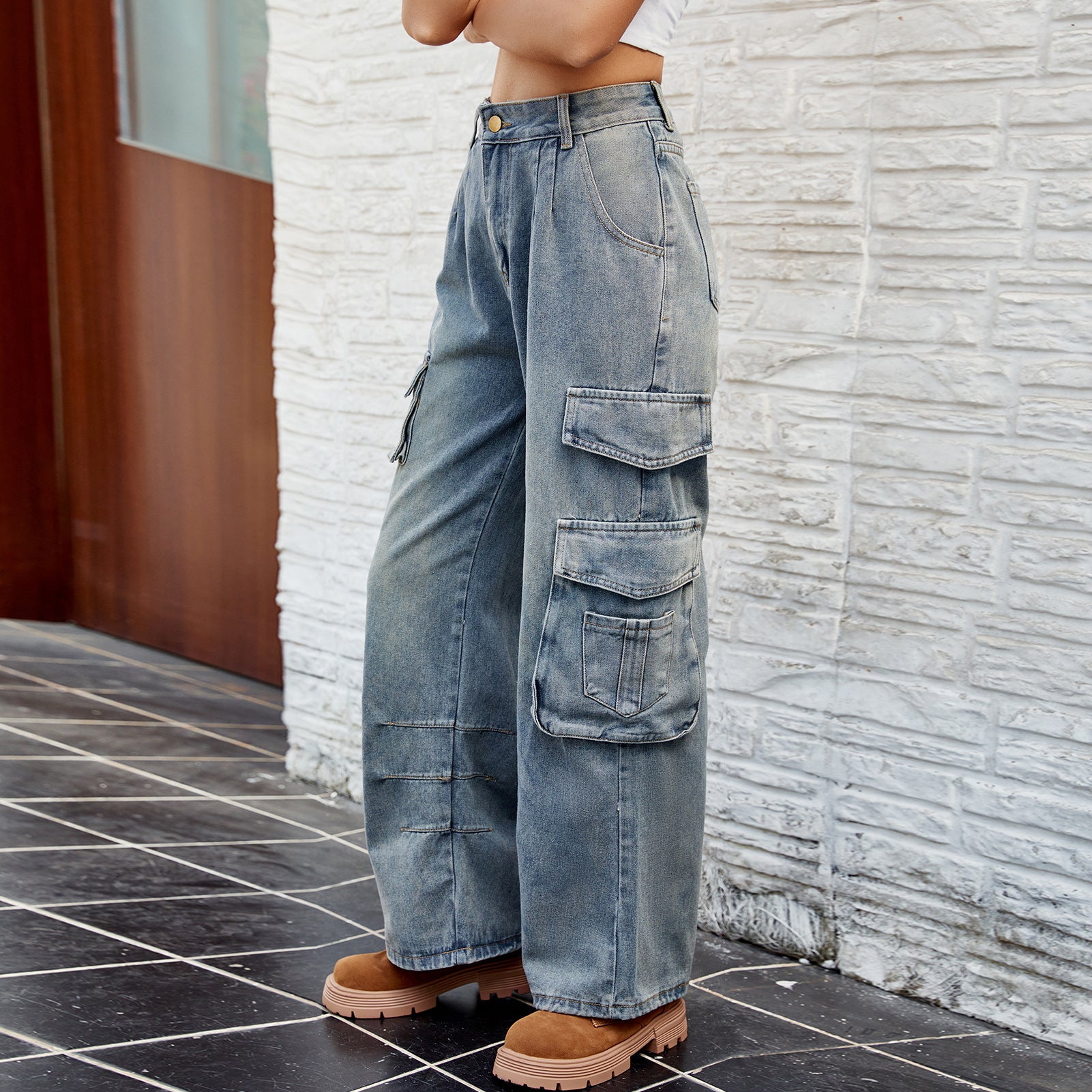 Washed semi-elastic loose denim overalls