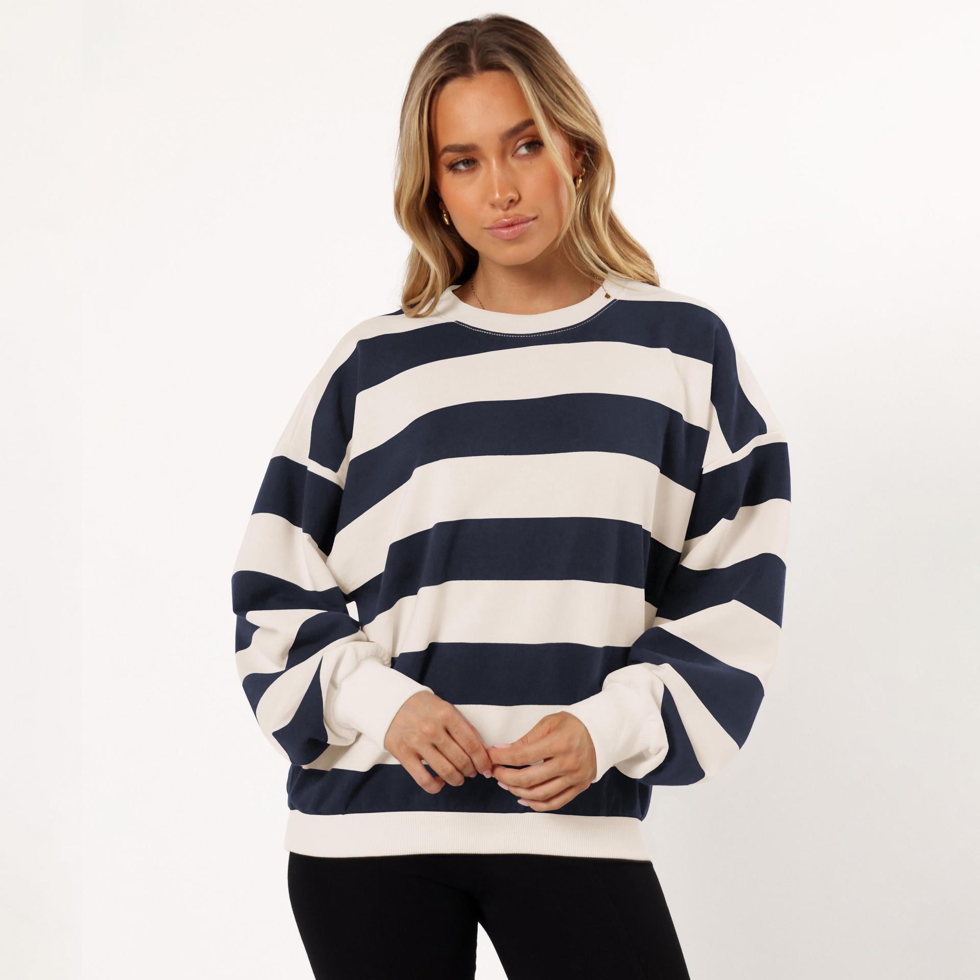 Casual Striped Crew Neck Loose Women's Lantern Sleeve Fashion American Sweater