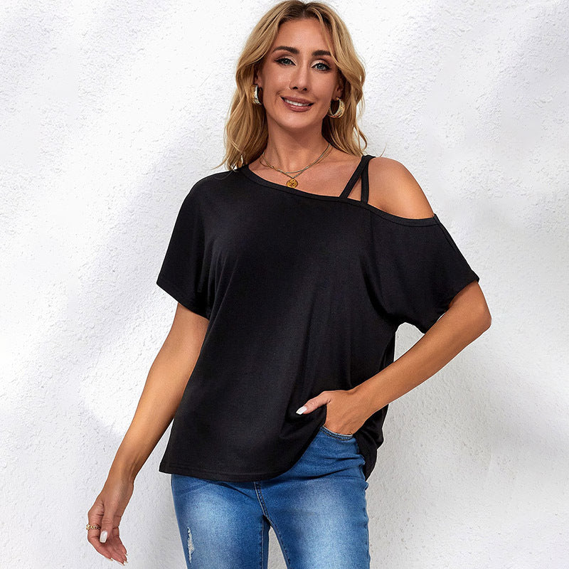 Summer new pullover T-shirt women's European and American personality asymmetrical cross shoulder short sleeve women