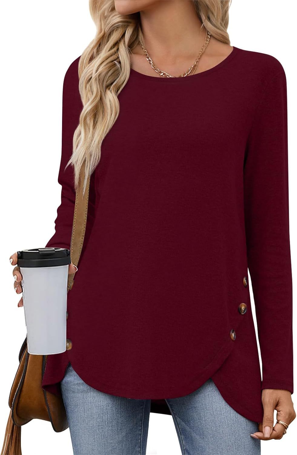 New solid color loose round neck long sleeve split button T-shirt women