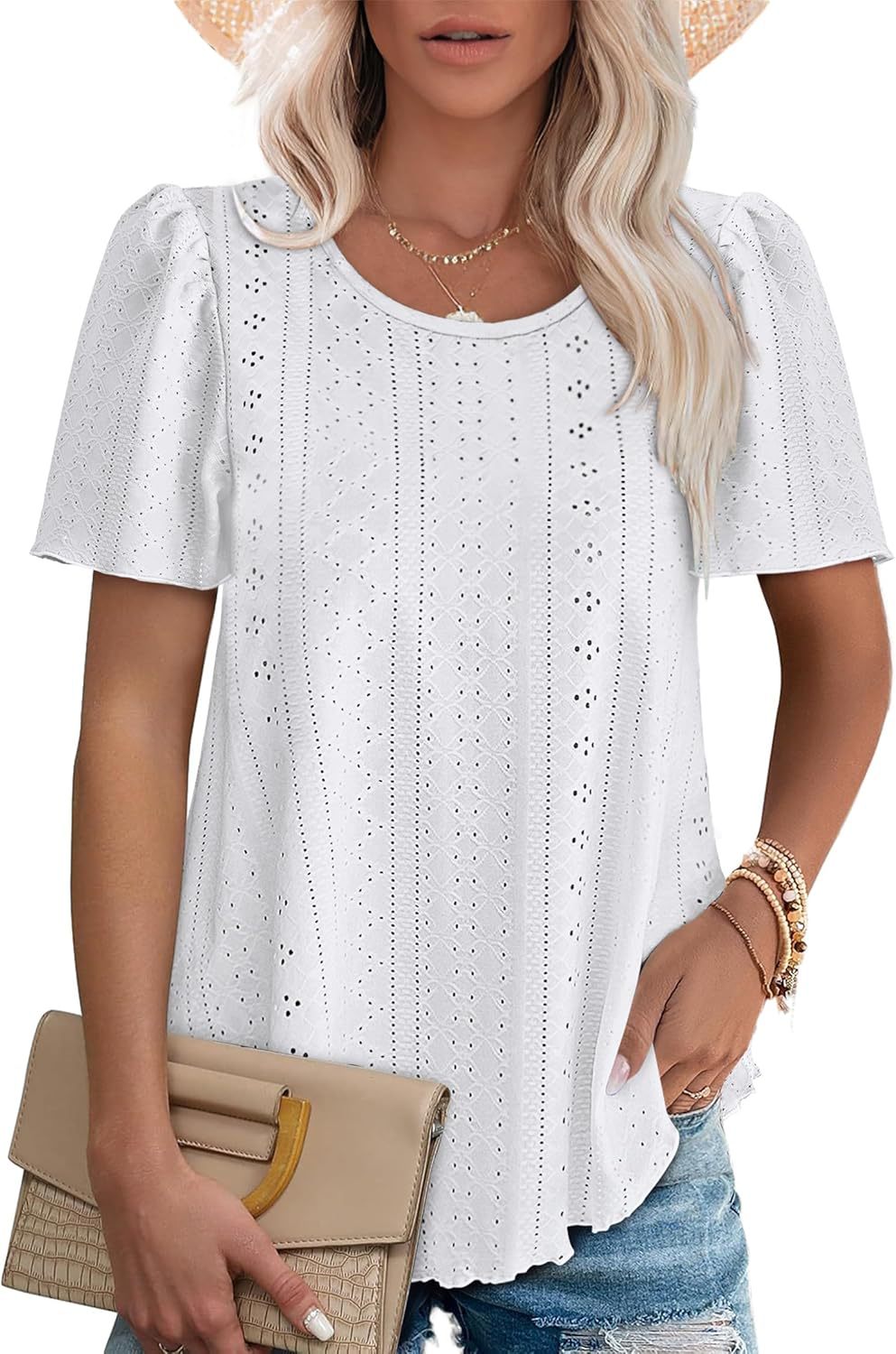 New Women's Crew Neck Bubble Sleeve Hole Hollow Short Sleeve Casual T-Shirt