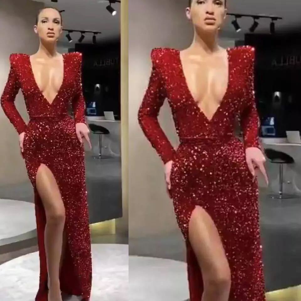 Women's Sexy Shoulder Long Sleeve Sequin Dress Split Dress Evening Dress