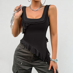 Y2K solid color sleeveless U-neck mesh suspender top