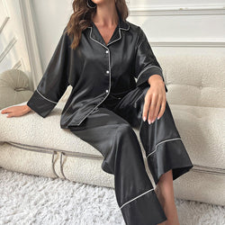 Women's loungewear autumn and winter silk satin long-sleeved trousers two-piece pajamas women can