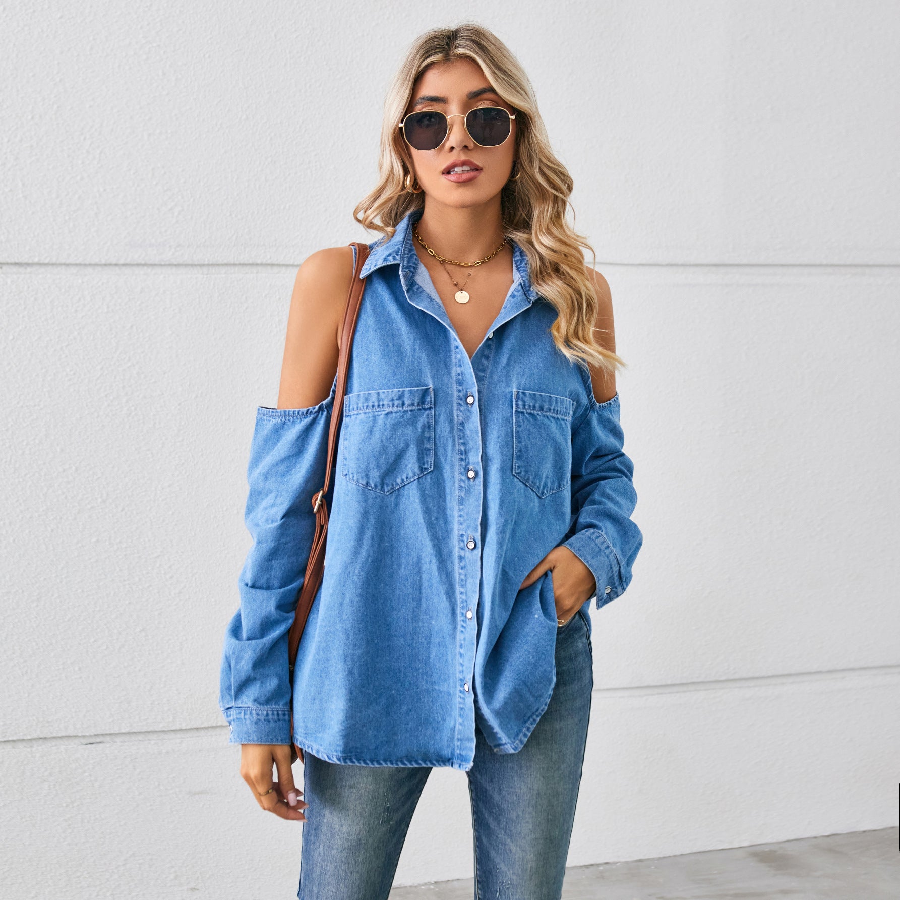 New washed off-shoulder hollow denim long-sleeved shirt top women