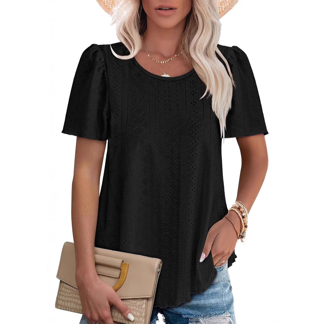 New Women's Crew Neck Bubble Sleeve Hole Hollow Short Sleeve Casual T-Shirt