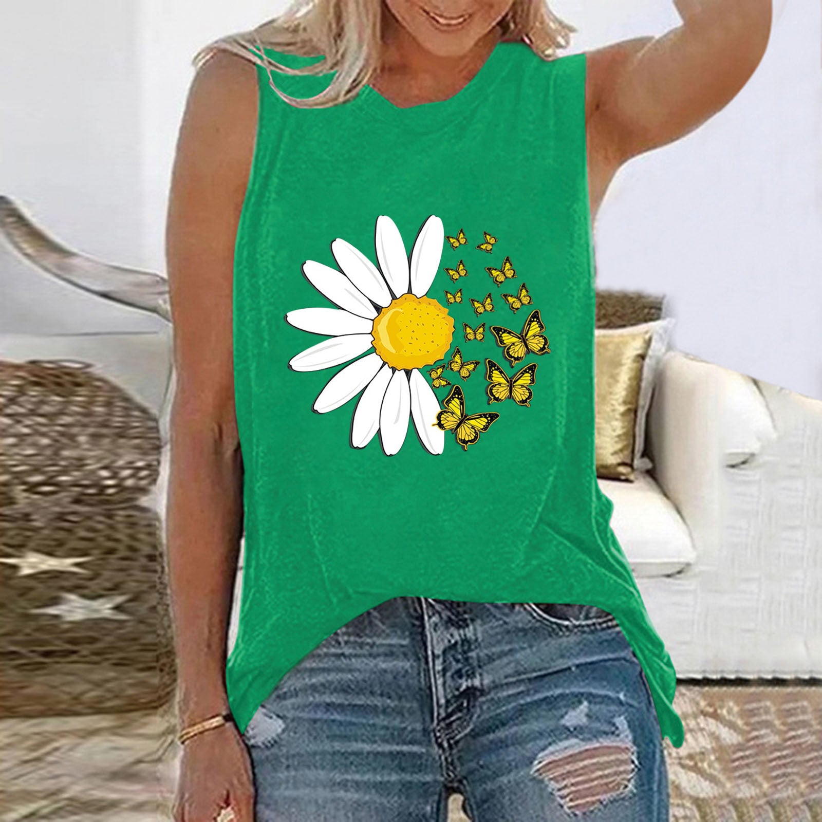 Butterfly Sunflower Women's Crew Neck Loose Top Sleeveless Vest