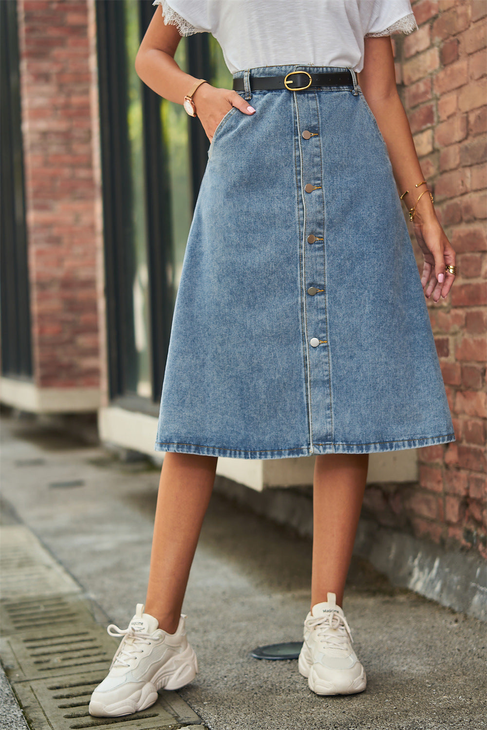 Skinny washed denim one-row button skirt skirt women