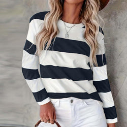 Autumn New Fashion Women's Striped Crew Neck Pullover Long Sleeve Casual T-Shirt Women