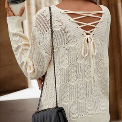 Fashion Women's Sweater Lace-up Back Hollow V-Neck Versatile Top Knitted Sweater