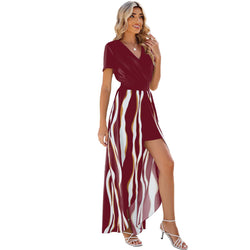 Spring and summer new solid color V-neck short-sleeved waist jumpsuit dress women