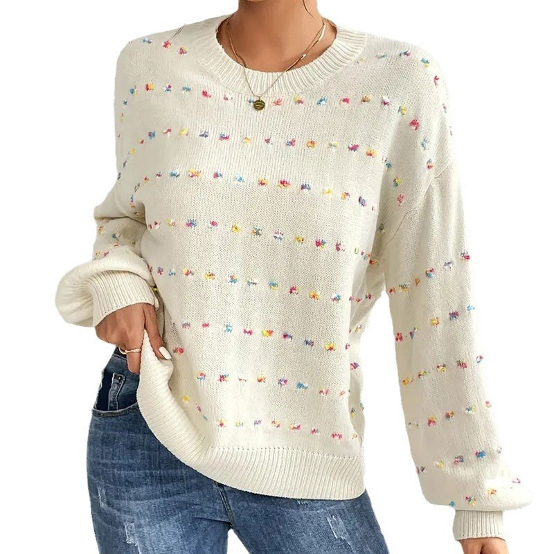 Fashion Women's Sweater Color Dot Jacquard Crew Neck Pullover Knitted Sweater