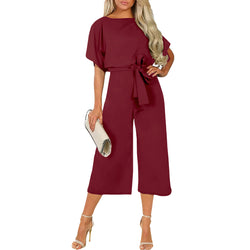 Summer solid color one-sleeved cropped pants women's lace-up jumpsuit