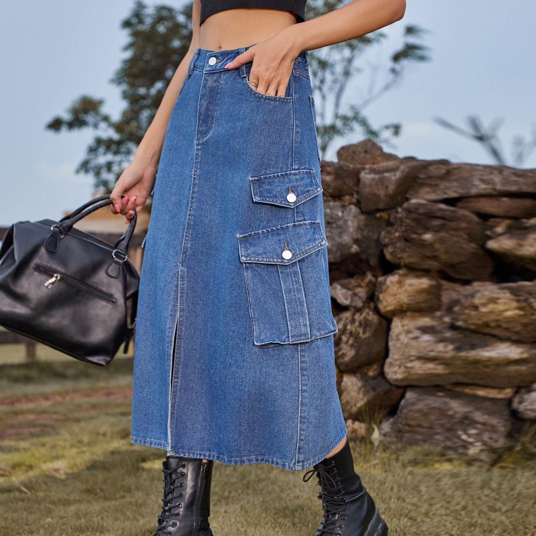 Tight waist denim tooling casual mid-length skirt skirt